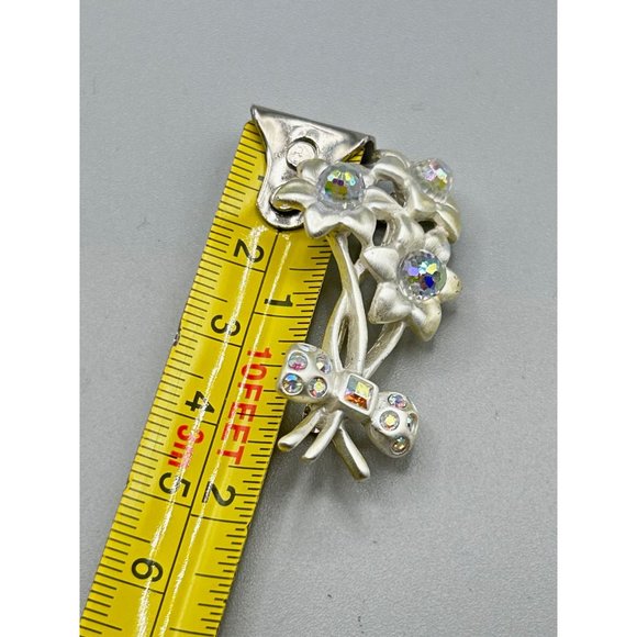 Vintage AK Flower Pin Brooch Anne Klein Matte Silver Tone & AB Crystal Stones - Picture 6 of 6